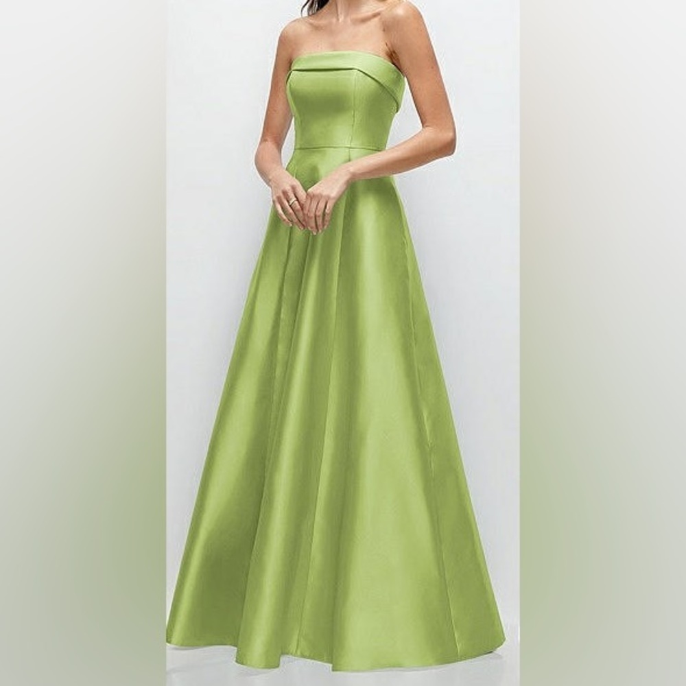 ALFRED SUNG Sara Strapless Bias Cuff Bodice Satin Gown with Pockets in Mojito